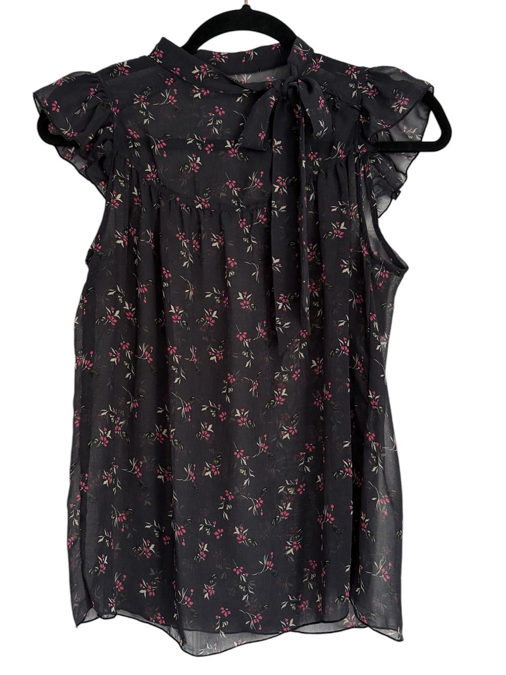 Zara Black Floral Tie-Neck  Blouse